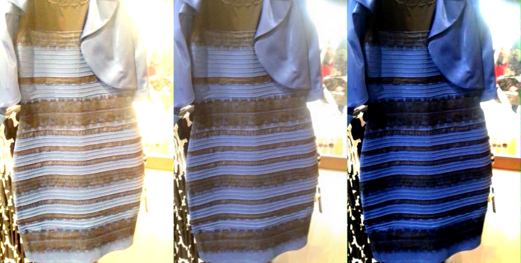 The original image is in the middle. At left, white-balanced as if the dress is white and gold. At right, white-balanced to blue and black. (Photo Credit: Tumblr) 